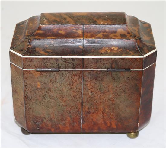A Regency mother of pearl inset tortoiseshell tea caddy, 7in.